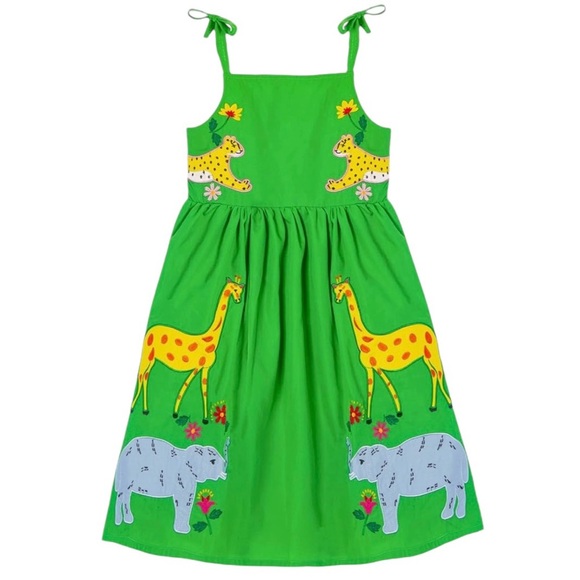 Girls Safari Zoo Animal Embroidered Appliqué Tie Strap Green Vacation Dress - Picture 1 of 6